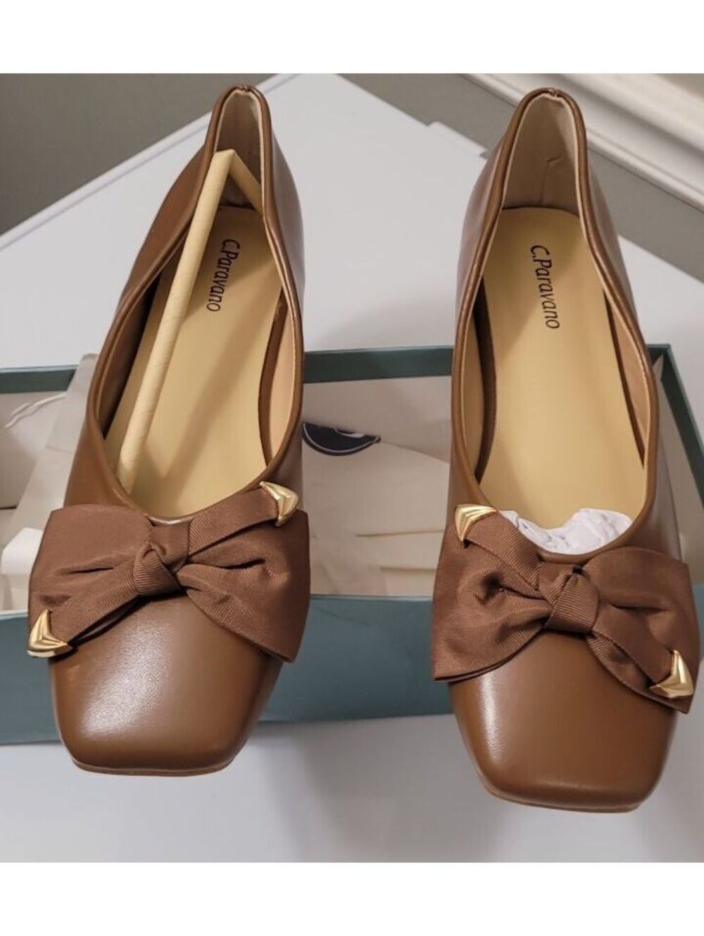 C.Paravano Brown Leather Ballerina Eva Bow Flats Women's  Shoes EU Size 39.5 - Picture 4 of 8